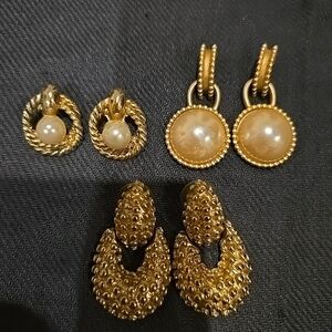 Vintage Elegant Gold And Pearl Earrings Set. Lot Of 3
